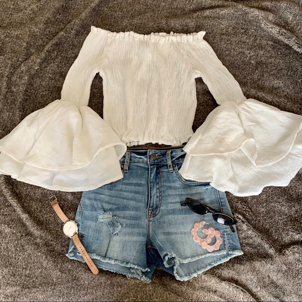 Ruched Bell Sleeve Top | White
